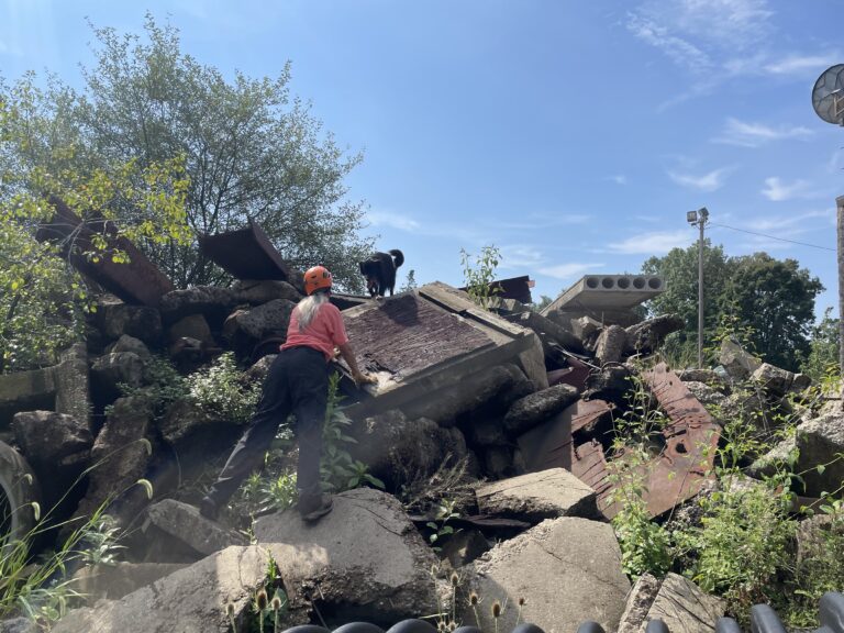 search and rescue team working rubble pile